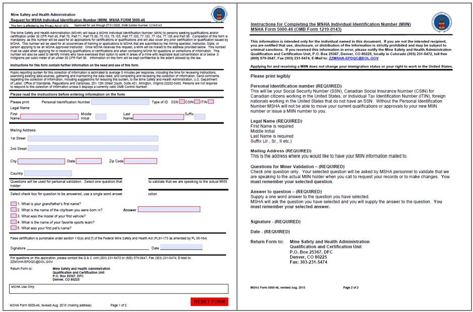 MSHA 5000-46 Request an MSHA Individual
                                    Identification Number (MIIN)